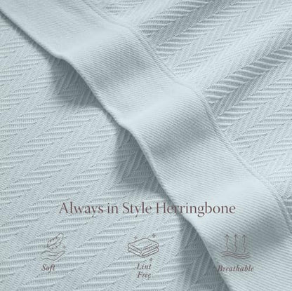 Threadmill Luxury 100% Cotton Queen Herringbone Blanket, Light Blue - color: Light Blue, size: Queen (90" x 92")