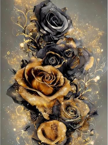 Diamond Art Kits for Adults, Diamond Art Flowers: Black Gold Rose Round Drill Painting - 5D Full Drill, 12"x16" Beginner DIY Elegant Wall Art Gift +30% Bonus Diamonds! - color: Black Gold Rose