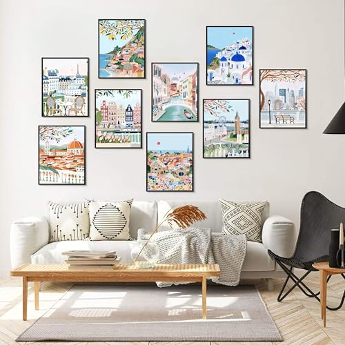 Vintage Travel Cities Posters Wall Art Set of 9, Trendy Modern Colorful Landscape Wall Decor, Europe Italy Cities Canvas Art Prints Painting for Living Room Bedroom Bathroom Home Decor 8x10 Unframed - color: Blue Landscape, size: 10"L x 8"W