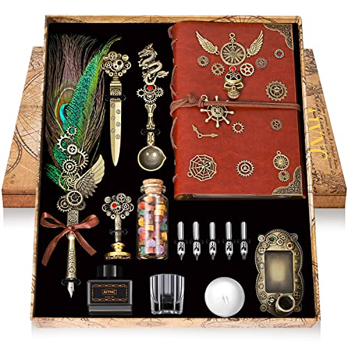 Quill Pen and Ink Set, With Notebook Wax Seal Stamp Kit, Calligraphy Set for Writing Lovers, Valentine's Day and Birthday Gifts, Ideal for Holidays(Peacock Feather) - color: Peacock Feather