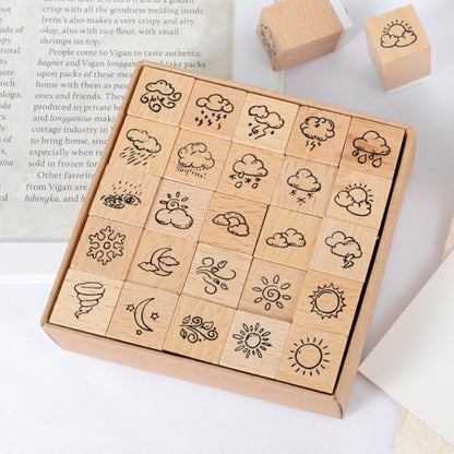 25 pcs Wooden Rubber Stamp Set, Various Weather Patterns Wood Stamps for Journal, Diary, Scrapbook, Planner, Letter, DIY Craft, Card Making - color: Weather