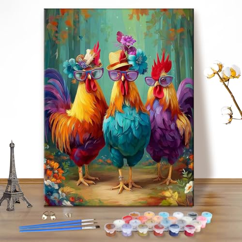 EOBROMD Paint by Numbers Kits for Adults Funny Chicken, DIY Kits Crafts for Beginner on Canvas, 3 Brushes and Acrylic Paint for Home Decor 16x20inch(Without Frame) - color: Funny Chicken