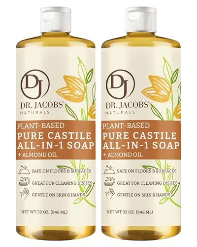 Dr. Jacobs Naturals Almond Castile All-in-One Cleaner and Soap - Plant-Based Formula for House Cleaning Floors and Appliances - Gentle on Skin and the Planet - 32 oz, 2 Pack - size: 32 Fl Oz (Pack of 2), style: Almond