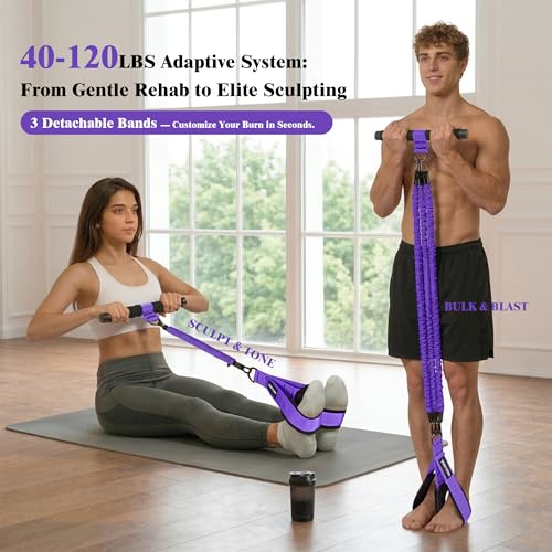 3-Tube Pedal Resistance Band w/Handles, 30/40LBS Sit Workout Gear | Home pedal puller for abs waist leg glutes core pilates training, portable gear for men women daily exercise - color: purple, size: 40lbs