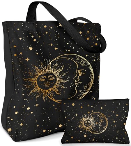 Miss Adola Aesthetic 2 Pack Canvas Tote Bag - with Makeup Zipper Pouch for Women Bag for Shopping, Gym, Travel, Vacation - color: Black Sun Moon