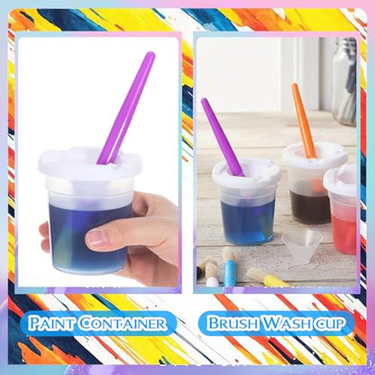 KongTiva 24 Pcs No Spill Paint Cups with Lids, Reusable Spill Proof Paint Water Cup Plastic Paint Containers with 24 Paints Brushes for Painting School Classrooms Arts Crafts Supplies