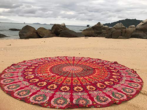 raajsee Mandala Round Beach Tapestry Hippie/Boho Decor Beach Blanket/Indian Cotton Throw Bohemian Round Table Cloth Mandala/Yoga Mat Meditation Picnic Rugs (RED) - color: RED