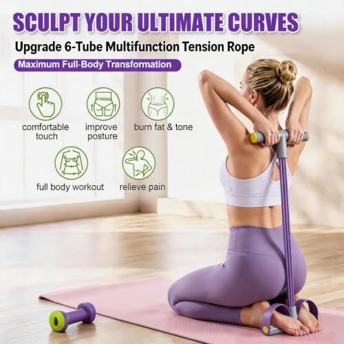 Foot Pedal Resistance Bands with Handles, Multifunction Elastic Yoga Exercise Bands, Home Gym Fitness Equipment for Women & Men to Tone Abs, Core, Legs, Arms, Waist - color: Classic-Purple grey
