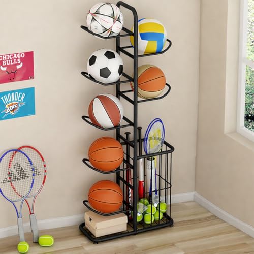 7-Ball Sports Equipment Storage Rack with Ball Holder and Basketball Rack, Athletic Gear Organizer ball Stand - Organize Toys, Sports Gear and More, 57.5" (Black) - size: 7-Balls with Basket