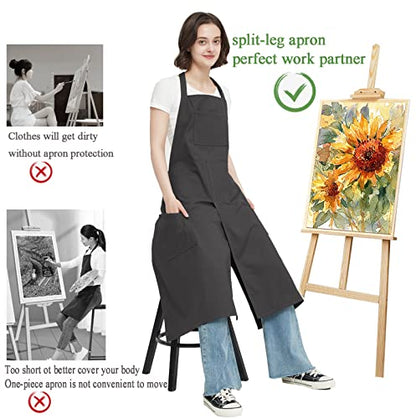 Pottery Apron Split Leg,100% Cotton Artist Apron 3 Pockets for Women Men,Ceramics Clay - color: Black, size: 39" long