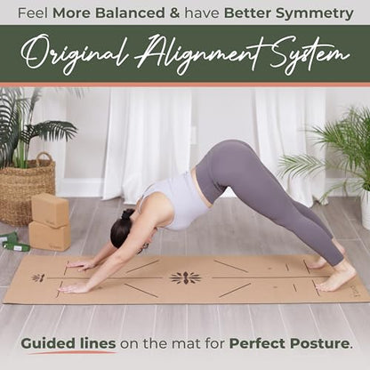Y O Gayo Premium Yoga Cork Mat | 5mm Thick Natural Tree Rubber Base and Bigger Mat for Extra Support, Alignment lines for Guidance | Non-Slip, Sustainable, Your Ultimate Yoga Companion