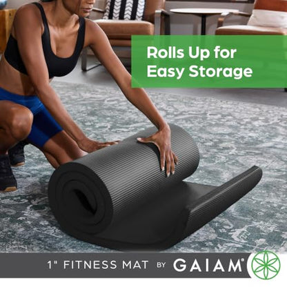 Gaiam Thick Yoga Mat, Exercise & Fitness Mat with Easy-Cinch Carrying Strap - color: Black, size: 1"