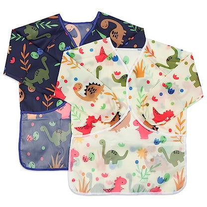 Kids Art Smocks 2 Pack Dinosaur Painting Aprons for Children Waterproof Artist Smock with Long Sleeve and 3 Pockets for Age 3-8 Years - color: Dinosaur-2