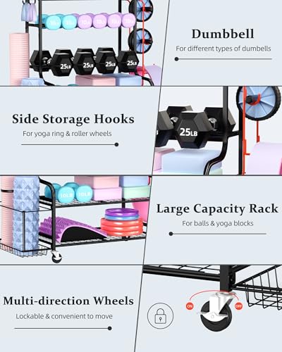 Mythinglogic Home Gym Storage Rack with Wheels for Dumbbells and Yoga Mats - color: New Black