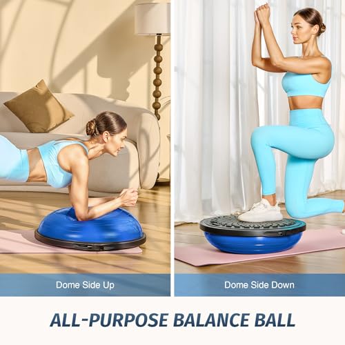 ZELUS 25in. Balance Ball | 660lb Inflatable Half Exercise Ball Wobble Board Balance Trainer w Nonslip Base | Half Yoga Ball Strength Training Equipment w 2 Bands, Pump, Extra Ball Included - color: Blue