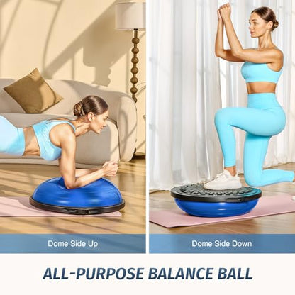 ZELUS 25in. Balance Ball | 660lb Inflatable Half Exercise Ball Wobble Board Balance Trainer w Nonslip Base | Half Yoga Ball Strength Training Equipment w 2 Bands, Pump, Extra Ball Included - color: Blue