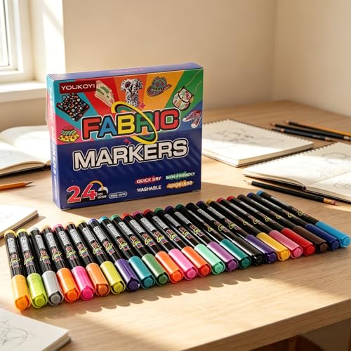 YOUKOYI Fabric Markers, 24Colors Acrylic Paint Pens, Fabric Decorating Kits No Bleed Waterproof Quick Dry Fabric Paint Pens for Fabric DIY, Crafts, Wood, Ceramic, Sneakers, Bags, Shoes, Textile - color: 24 Colors