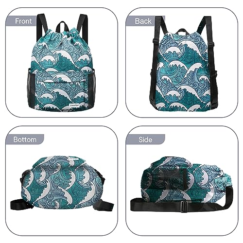 Waterproof Drawstring Backpack Sports Gym Sackpack with Mesh Pockets Water-Resistant String Cinch Beach Bag for Men Women - color: Print - Blue Waves
