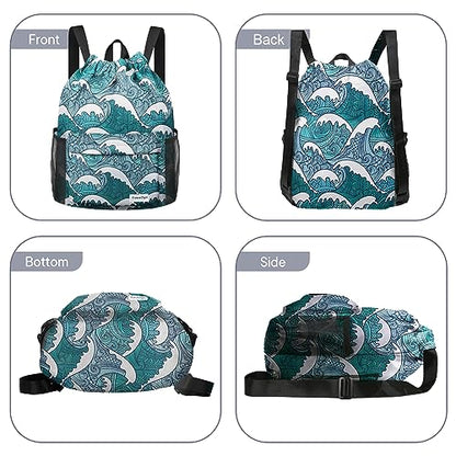Waterproof Drawstring Backpack Sports Gym Sackpack with Mesh Pockets Water-Resistant String Cinch Beach Bag for Men Women - color: Print - Blue Waves