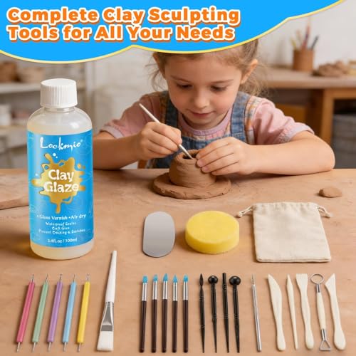 3.4FL OZ Air Dry Clay Glaze & 25pcs Tools Kit, Gloss Protective Sealant | Prevents Cracking, Scratching & Wear, Dotting Tools, Air Dry Clay Sculpting Tools for Carving, Stippling, Molding & Shaping