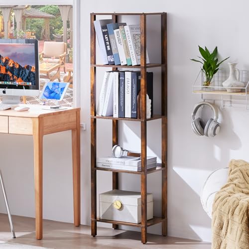 YUFAM 5 Tier Tall Narrow Bookshelf, Skinny Bookcase, Wooden Shelf, Brown - color: Brown, size: 5-Tier
