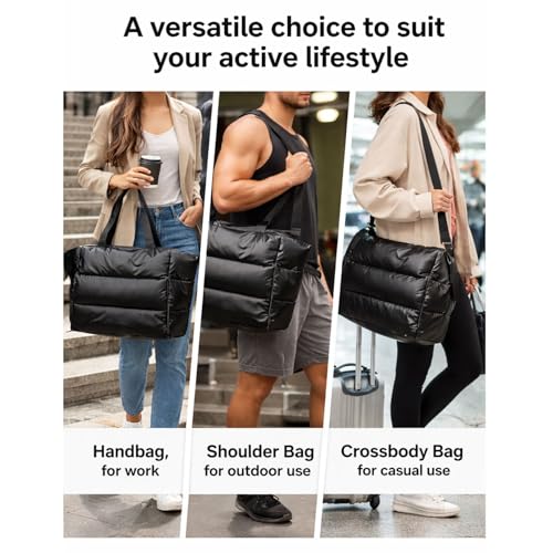 Large Puffer Tote Bag for Women, Quilted Gym Bag with Yoga Mat Holder, Travel Duffle, Waterproof Carry on Weekender Bag (black) - color: black