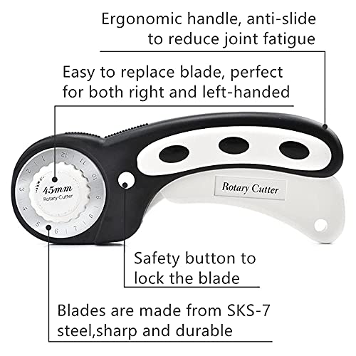 45mm Rotary Cutter with 7pcs Replacement Blades, Ergonomic Handle Rolling Cutter with Safety Lock for Fabric, Leather, paper, Crafting, sewing, Quilting, Perfect for Left & Right Hand(Black) - color: Black, size: 45mm