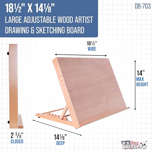 U.S. Art Supply Large 18-1/2" x 14-1/8" (A3) Wooden Drawing Board, Adjustable Table Top Easel for Painting and Drawing - Drafting Board with 6 Angles, Pencil Ledge - size: Large