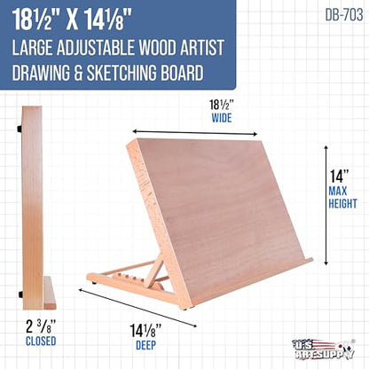 U.S. Art Supply Large 18-1/2" x 14-1/8" (A3) Wooden Drawing Board, Adjustable Table Top Easel for Painting and Drawing - Drafting Board with 6 Angles, Pencil Ledge - size: Large