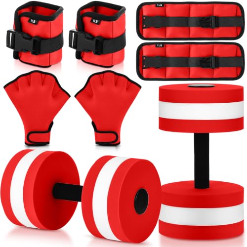 Hollowfly 6 Pcs Water Aerobics Equipment Set Full Body Pool Exercise Kit, 2 Aqua Dumbbells, 2 Adjustable Ankle/Wrist Weights, 2 Webbed Swim Gloves, Low Impact Aquatic Workout Gear - color: Red, size: 1lb