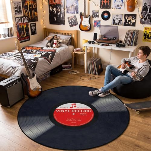 keepcute 5ft Vinyl Record Rug, Non-Slip Retro Music Record Rug | Soft music rug, round record rug for music studio decor, vinyl record decor, washable mat - color: Music Record, size: 5' (Round)