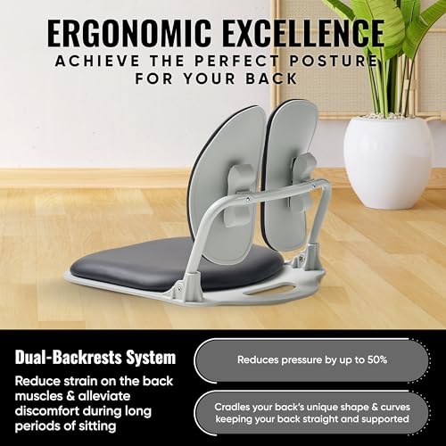 Ergonomic Dual-Backrests Floor Chair with Back Support (Black Leather) | Reduce pressure on your back by up to 50% - color: Black