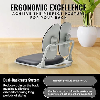 Ergonomic Dual-Backrests Floor Chair with Back Support (Black Leather) | Reduce pressure on your back by up to 50% - color: Black