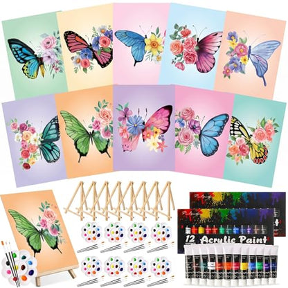 Ctosree 72 Pcs Butterfly Paint and Sip Kit for Adults 8'' x 10'' Pre Drawn Canvas for Painting DIY Pre Printed Canvas for Party Favor Acrylic Painting Kit Wood Easel Brushes Date Night Bulk - style: Butterfly