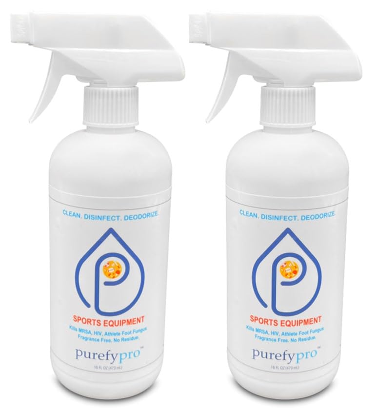 Purefypro Sports Equipment Disinfectant Spray (16oz, 2pk) Kills 99.9999% MRSA, HIV, Athlete Foot Fungus, Virus, Fungi. No Residue. Great For Sports Pads, Yoga Mats, Shoes, Boxing Gloves, Gym Equipment