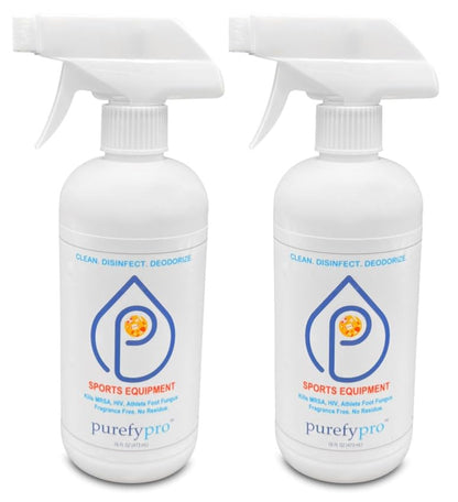 Purefypro Sports Equipment Disinfectant Spray (16oz, 2pk) Kills 99.9999% MRSA, HIV, Athlete Foot Fungus, Virus, Fungi. No Residue. Great For Sports Pads, Yoga Mats, Shoes, Boxing Gloves, Gym Equipment
