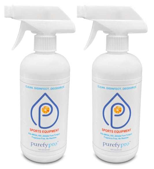 Purefypro Sports Equipment Disinfectant Spray (16oz, 2pk) Kills 99.9999% MRSA, HIV, Athlete Foot Fungus, Virus, Fungi. No Residue. Great For Sports Pads, Yoga Mats, Shoes, Boxing Gloves, Gym Equipment