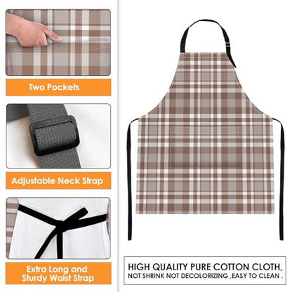 Apron with Pockets, 32x28 inch, 2 Pack, Khaki Champagne | Checkered Tartan Plaid Adjustable Bib with Pockets for Women Men Couple Lovers Chef Home Baking Gardening - color: Khaki Brown