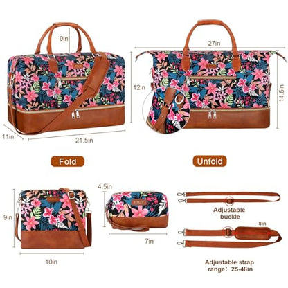 ITIEZY Weekender Bag for Women 21.5" Travel Duffel Large Carry On Bag 3PCS | Nylon Duffel Bag with Waterproof Shoe Compartment, Crossbody Bag and Toiletry Bag, Travel Weekend Hospital Overnight Gym Bag - color: 9-Black Fower