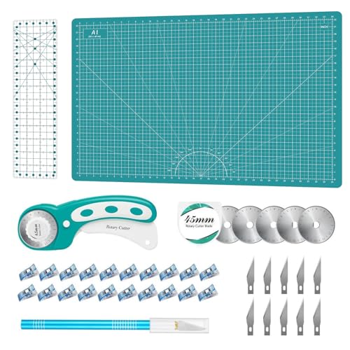 Rotary Cutter Set - Quilting Kit incl. 45mm Fabric Cutter, 5 Replacement Blades, A1 Cutting Mat, Acrylic Quilting Ruler and Sewing Clips, Craft Knife Set, Ideal for Crafting, Sewing, Patchworking - color: Turquoise, size: A1 Rotary Cutter Set