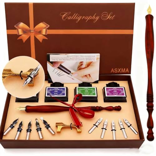 Calligraphy Pen Set – Includes Wooden Dip Pen, Antique Brass Holder, 11 Nibs, 4 Colors Ink Bottles and Beginner's Manual-for Beginners and Calligraphy Lovers - color: Red