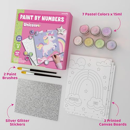 jackinthebox Paint by Numbers Unicorn Craft Activity for Girls for Ages 6–9 | Easy paint-by-number activity with 8X10 inch 3 unicorn canvas design,art & craft painting kit Gift for creative kids ages 6-9