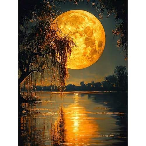 Clendo DIY Moon Paint by Numbers Kit for Adults, Landscape Adult Paint by Number Kits on Canvas Without Frame, Lake View Oil Paint by Numbers for Home Decor Gift 16” W x 20”L - color: MT22994-US, size: Frameless