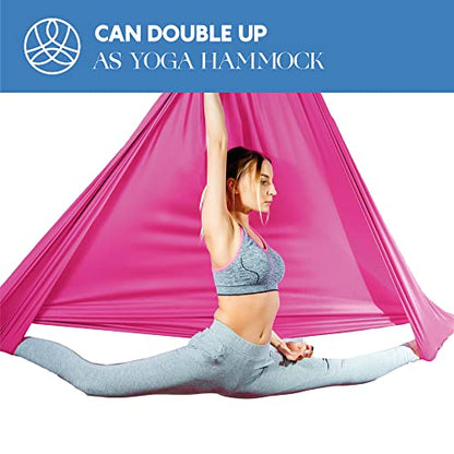 Aerial Silks Starter Kit, 9 Yards, Aerial Yoga Hammock, Hardware | Knitted fabric with pose guide, for aerial yoga, gymnastics, silk swing, stretching and home gym use, suitable for all levels - color: Hot Pink