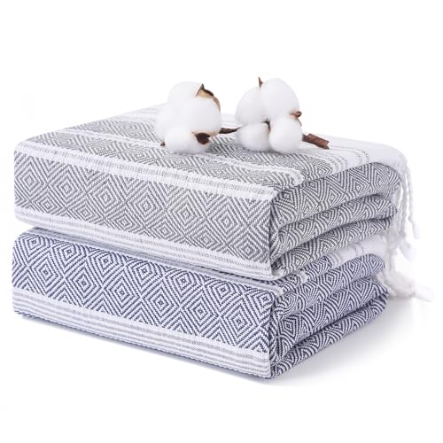 2 Packs Cotton Turkish Beach Towels Quick Dry Sand Free Oversized Bath Pool Swim Towel Large Extra Xl Big Blanket Adult Travel Essentials Cruise Accessories Must Haves Clearance Vacation Stuff - color: Thicker Set Navy Khaki