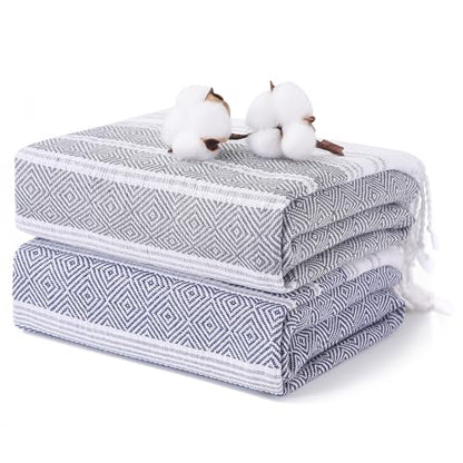 2 Packs Cotton Turkish Beach Towels Quick Dry Sand Free Oversized Bath Pool Swim Towel Large Extra Xl Big Blanket Adult Travel Essentials Cruise Accessories Must Haves Clearance Vacation Stuff - color: Thicker Set Navy Khaki