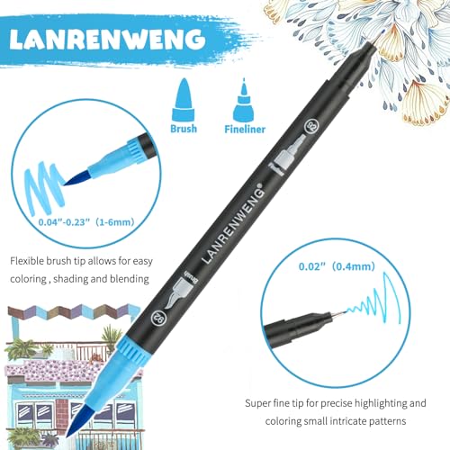 nobrand 120 Colors Duo Tip Brush Markers Art Pen Set,LANRENWENG Fine Brush Tip Colored Pens Set with Canvas Bag,Markers for Adult Coloring Books Drawing Sketching Note taking Lettering Calligraphy