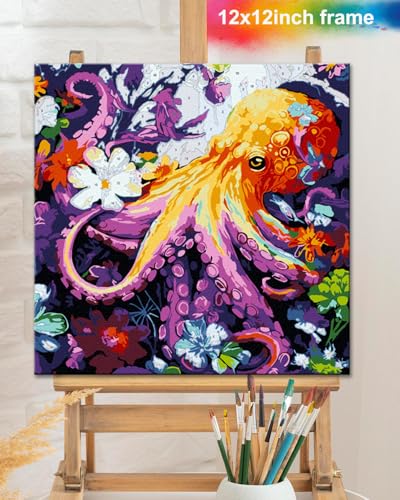 TOCARE Framed Paint by Numbers Kit for Adults Beginners & Kids Ages 8-12,12x12inch Octopus Paint by Number with Frame, Seascape Paint by Numbers Framed Canvas for Amimal Lover(Without Easel) - color: TC-F-293
