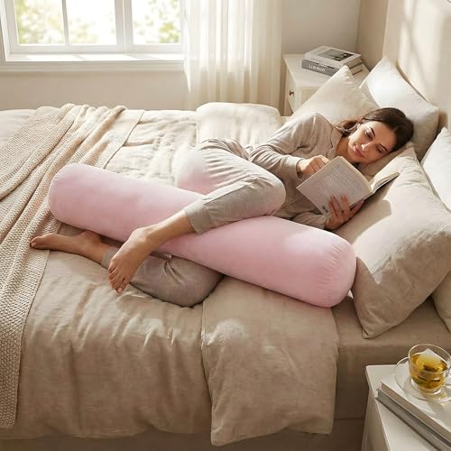 Chunful Body Pink Pillow for Adults 47" x 7.87" Long Lumbar Bolster Pillow with Removable Flannel Cover Pink Round Body Roll Cylinder Cushion for Bed Sofa Sleeping Lumbar Support