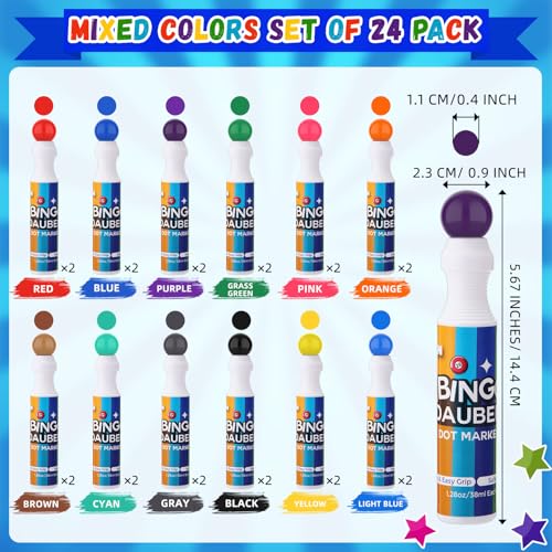 Crtiin 24 Pack 1.28 oz Bingo Daubers Bulk Set, 12 Mixed Colors Dot Markers Paint Daubers, Back to School Gift for Classroom Preschool Bingo Hall Toddler Art Crafts Drawing Activities